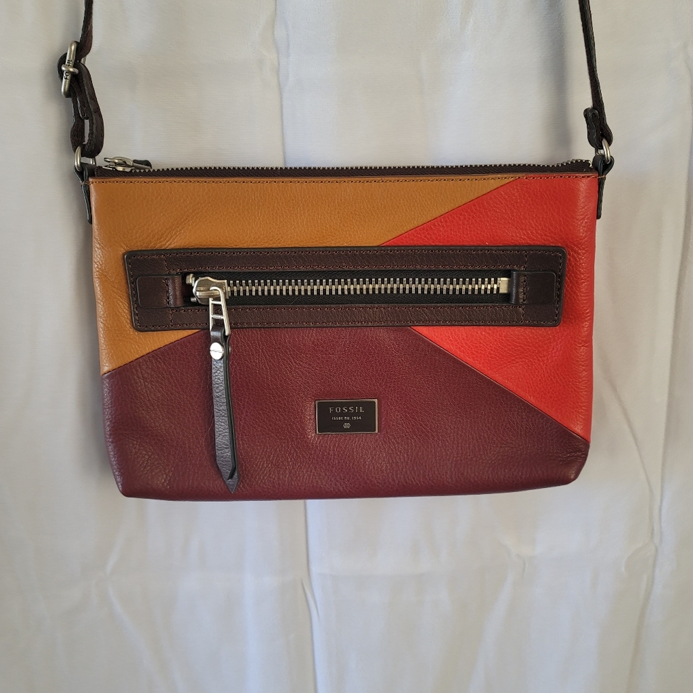 Fossil Dawson Crossbody Shoulder Handbag Red Multicolor Leather Patchwork